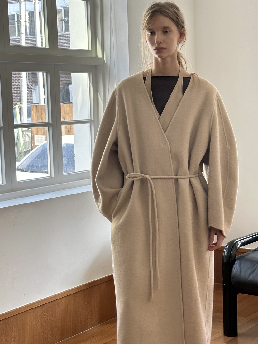 BOWIE韓國代購㊣女士新品職業休閑中長款大衣含腰繩手工羊絨BOWIE中長款大衣