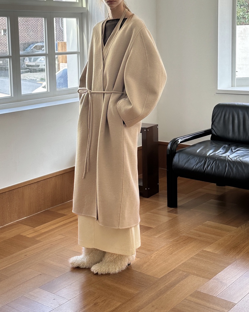 BOWIE韓國代購㊣女士新品職業休閑中長款大衣含腰繩手工羊絨BOWIE中長款大衣