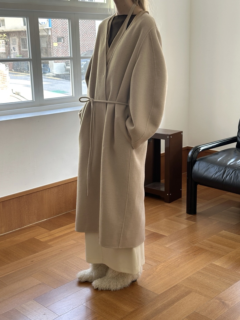 BOWIE韓國代購㊣女士新品職業休閑中長款大衣含腰繩手工羊絨BOWIE中長款大衣