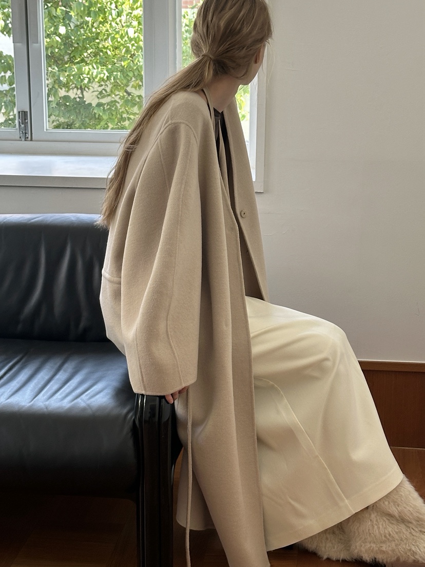 BOWIE韓國代購㊣女士新品職業休閑中長款大衣含腰繩手工羊絨BOWIE中長款大衣