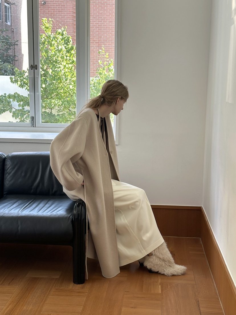 BOWIE韓國代購㊣女士新品職業休閑中長款大衣含腰繩手工羊絨BOWIE中長款大衣