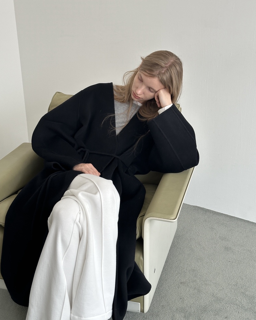 BOWIE韓國代購㊣女士新品職業休閑中長款大衣含腰繩手工羊絨BOWIE中長款大衣