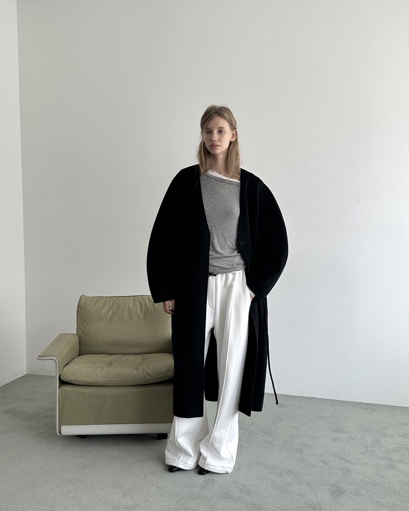 BOWIE韓國代購㊣女士新品職業休閑中長款大衣含腰繩手工羊絨BOWIE中長款大衣