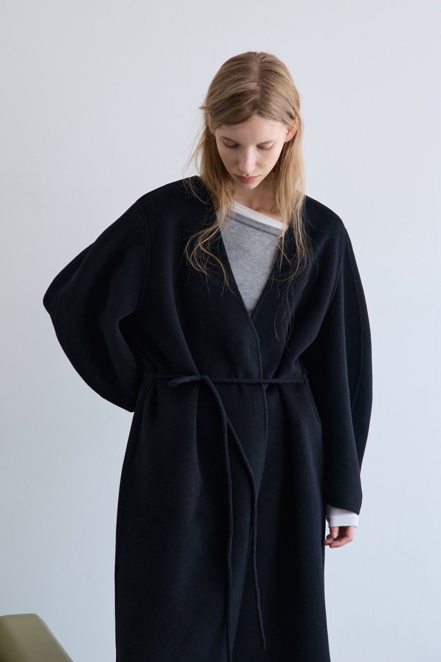 BOWIE韓國代購㊣女士新品職業休閑中長款大衣含腰繩手工羊絨BOWIE中長款大衣