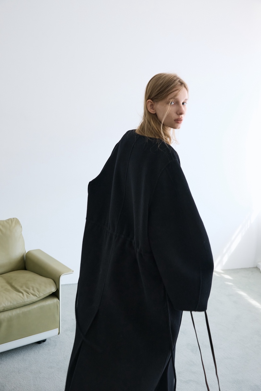 BOWIE韓國代購㊣女士新品職業休閑中長款大衣含腰繩手工羊絨BOWIE中長款大衣