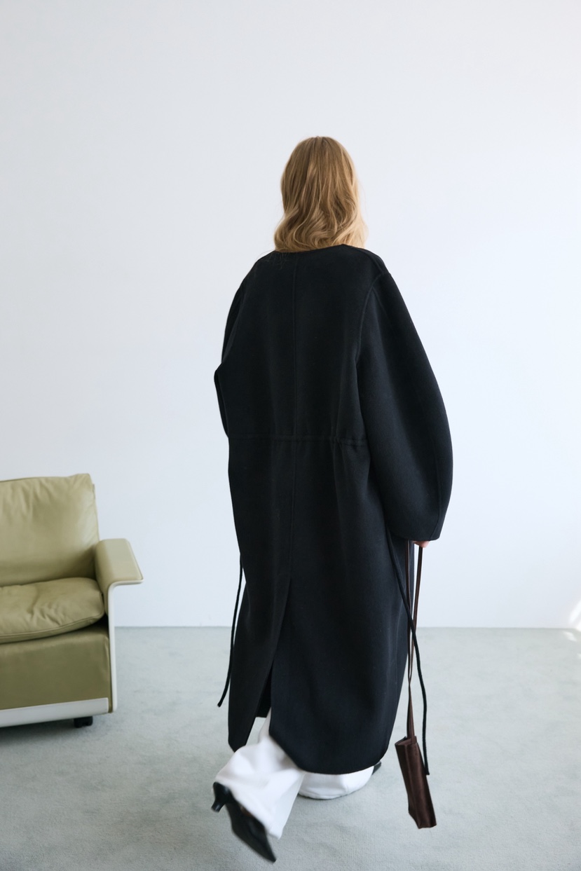 BOWIE韓國代購㊣女士新品職業休閑中長款大衣含腰繩手工羊絨BOWIE中長款大衣