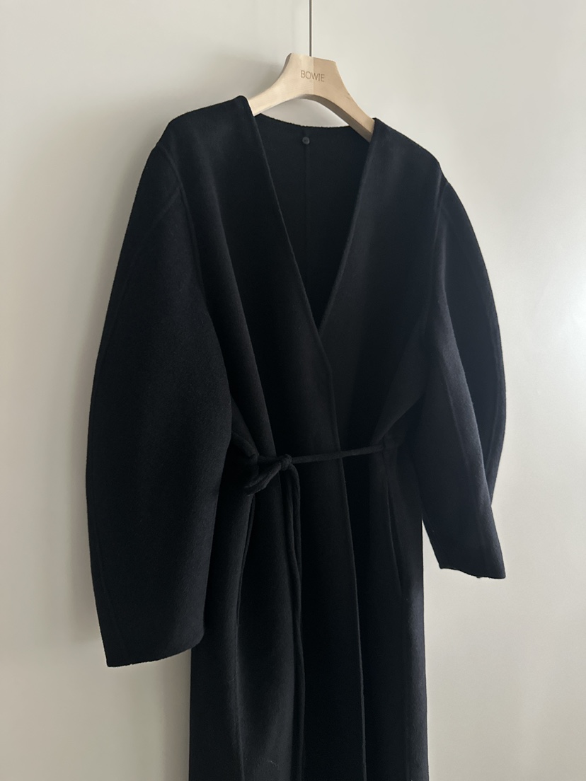 BOWIE韓國代購㊣女士新品職業休閑中長款大衣含腰繩手工羊絨BOWIE中長款大衣