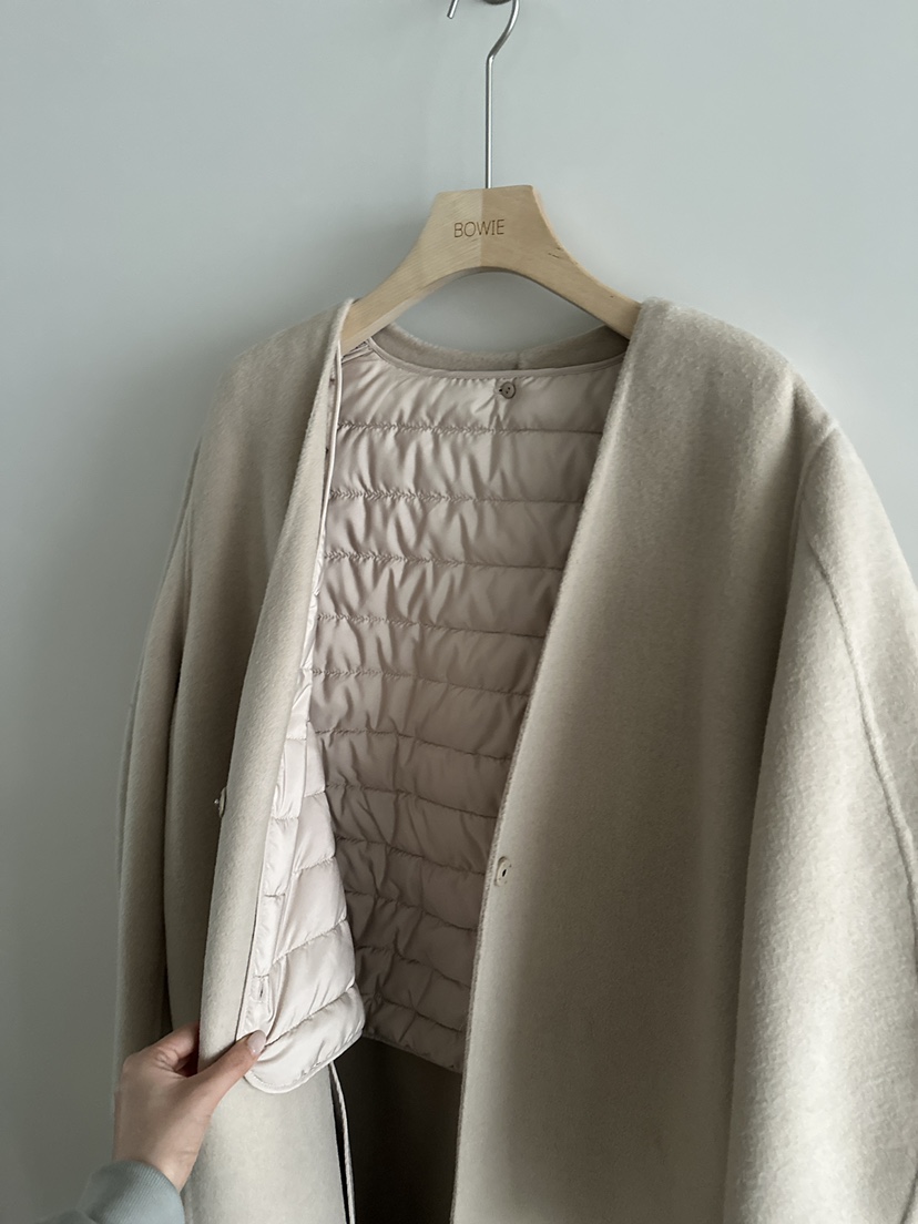 BOWIE韓國代購㊣女士新品職業休閑中長款大衣含腰繩手工羊絨BOWIE中長款大衣