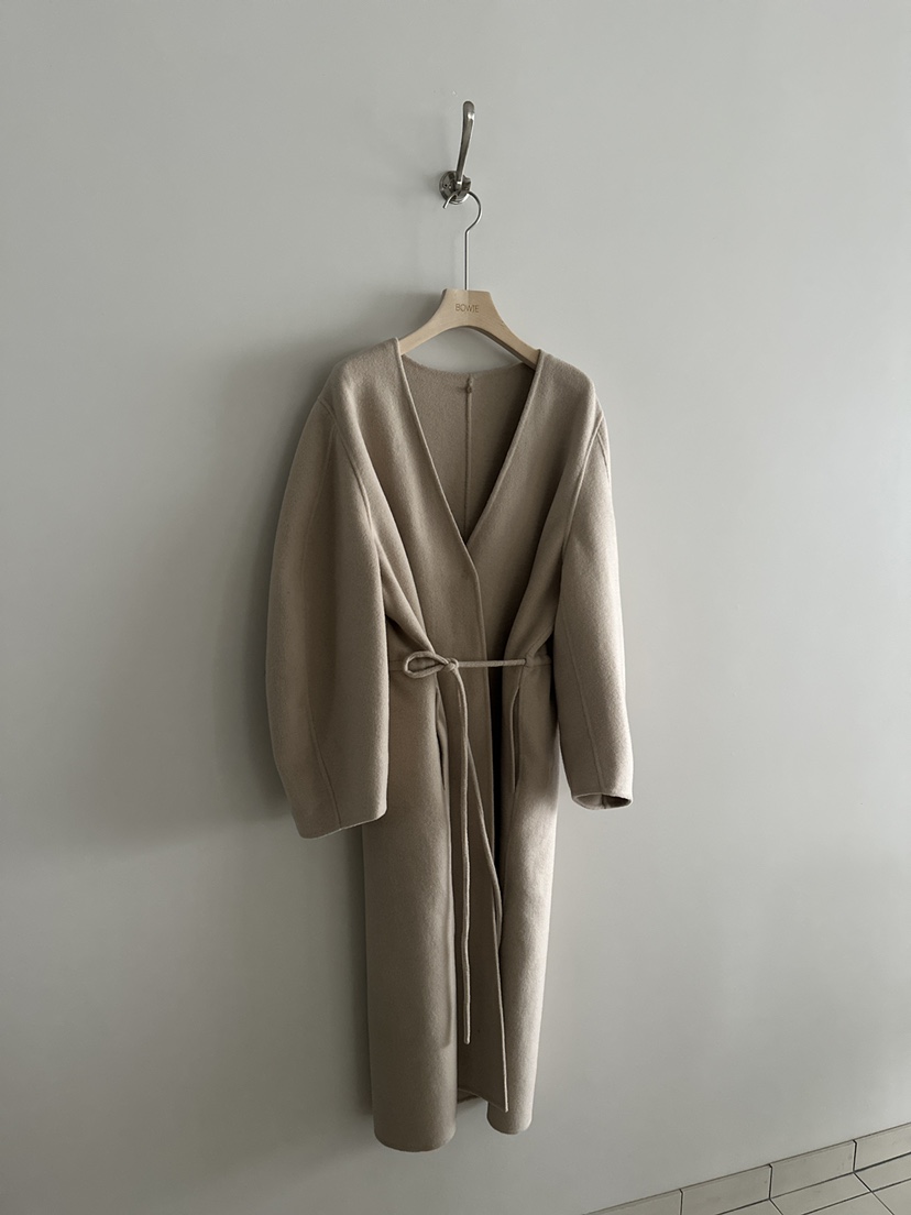BOWIE韓國代購㊣女士新品職業休閑中長款大衣含腰繩手工羊絨BOWIE中長款大衣