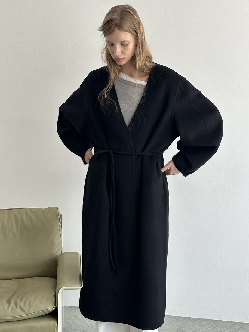 BOWIE韓國代購㊣女士新品職業休閑中長款大衣含腰繩手工羊絨BOWIE中長款大衣圖色2