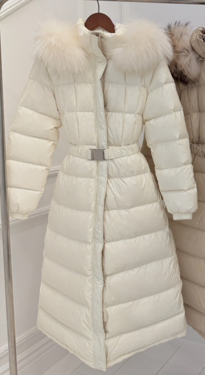 DAZE東大門㊣實拍女裝新品熱賣休閑長款羽絨服含腰帶拼色浣熊LAVIEU長款羽絨服圖色2