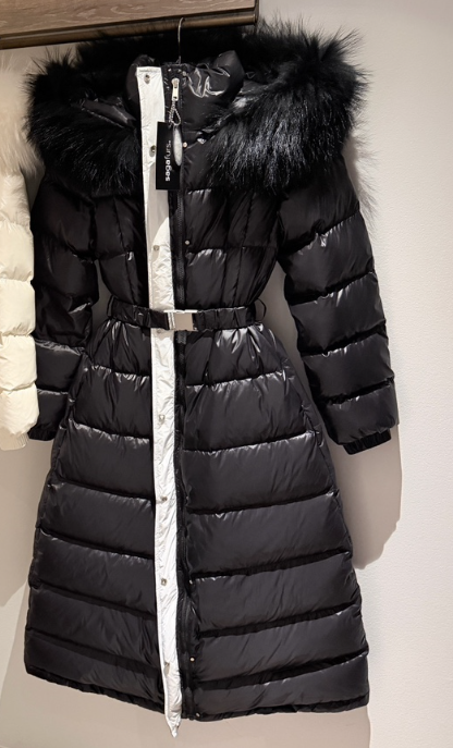 DAZE東大門㊣實拍女裝新品熱賣休閑長款羽絨服含腰帶拼色浣熊LAVIEU長款羽絨服圖色3