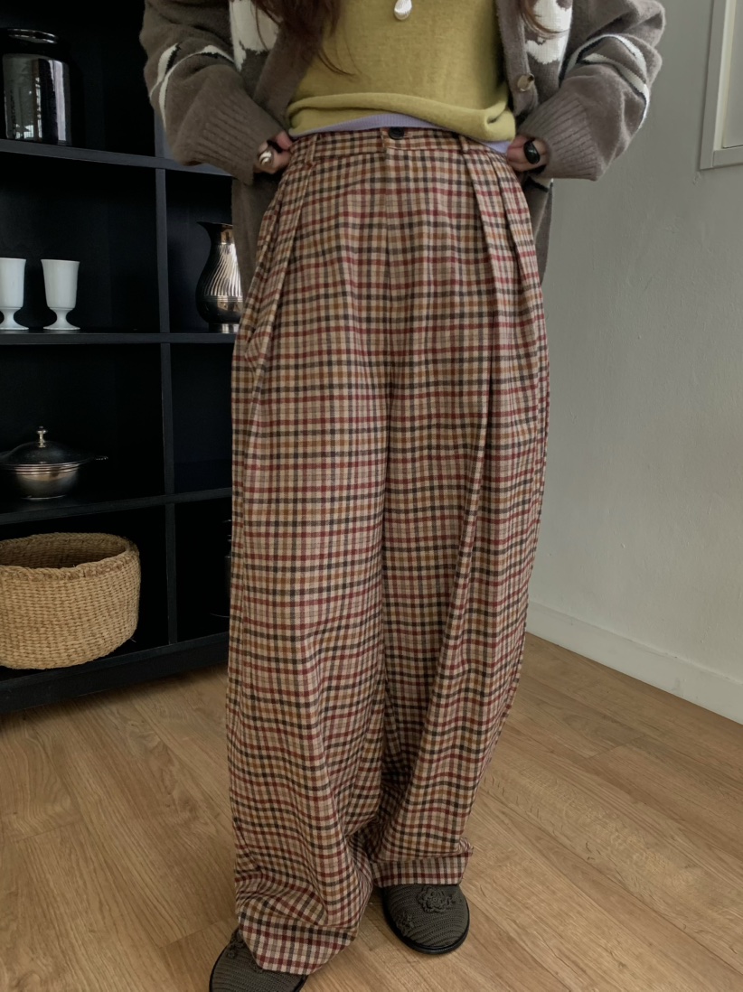 PEBBLE東大門㊣代購女裝新品休閑熱賣25秋冬人氣休閑褲格紋PEBBLE/LAYER休閑褲