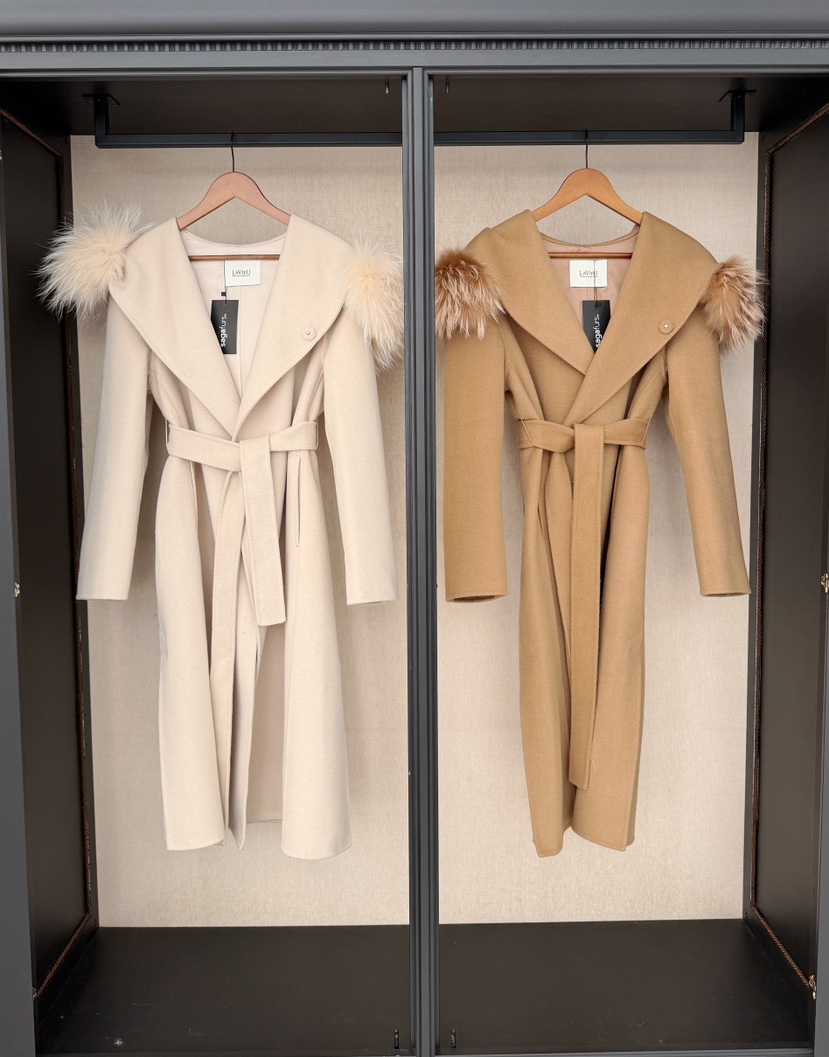 DAZE東大門㊣代購女裝新款人氣中長款大衣手工制作含腰帶浣熊兜帽LAVIEU中長款大衣