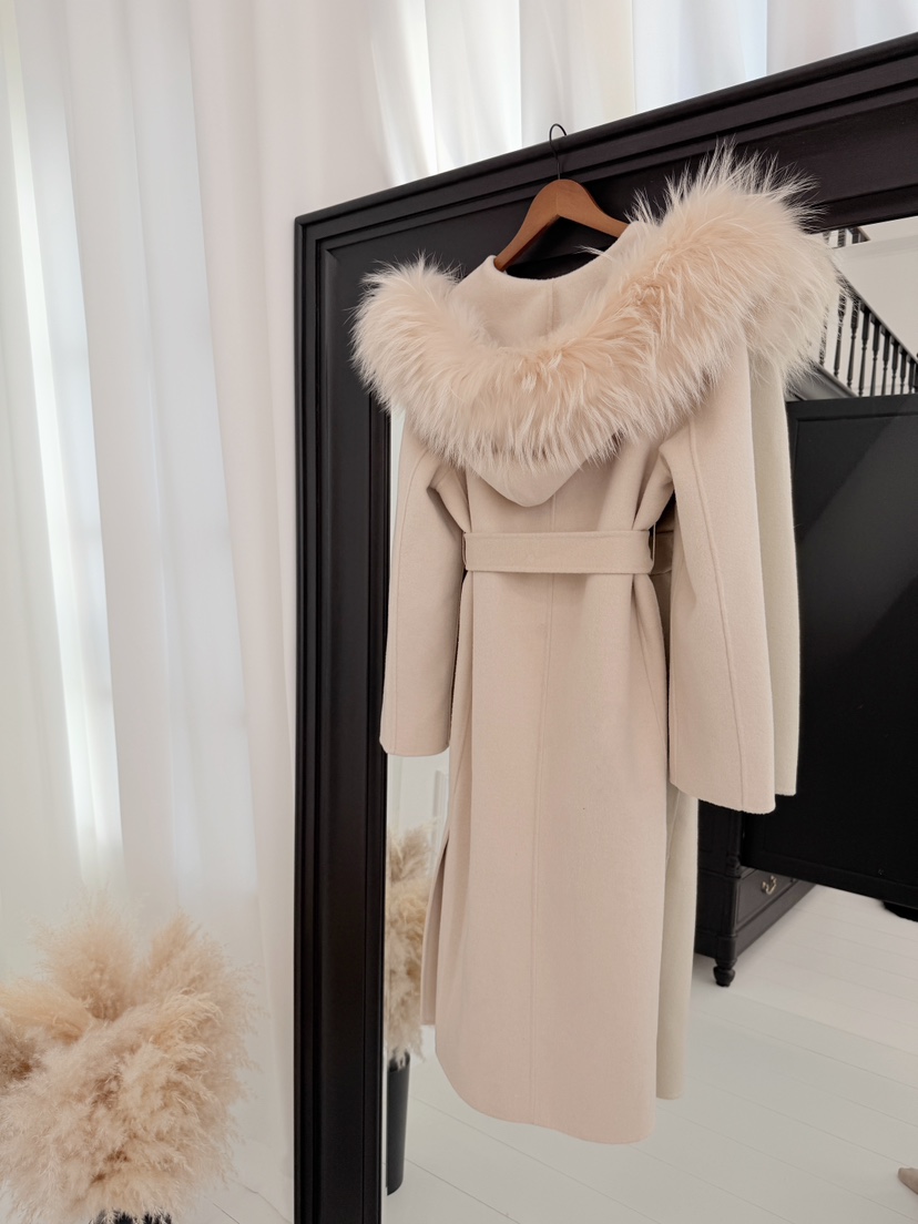 DAZE東大門㊣代購女裝新款人氣中長款大衣手工制作含腰帶浣熊兜帽LAVIEU中長款大衣