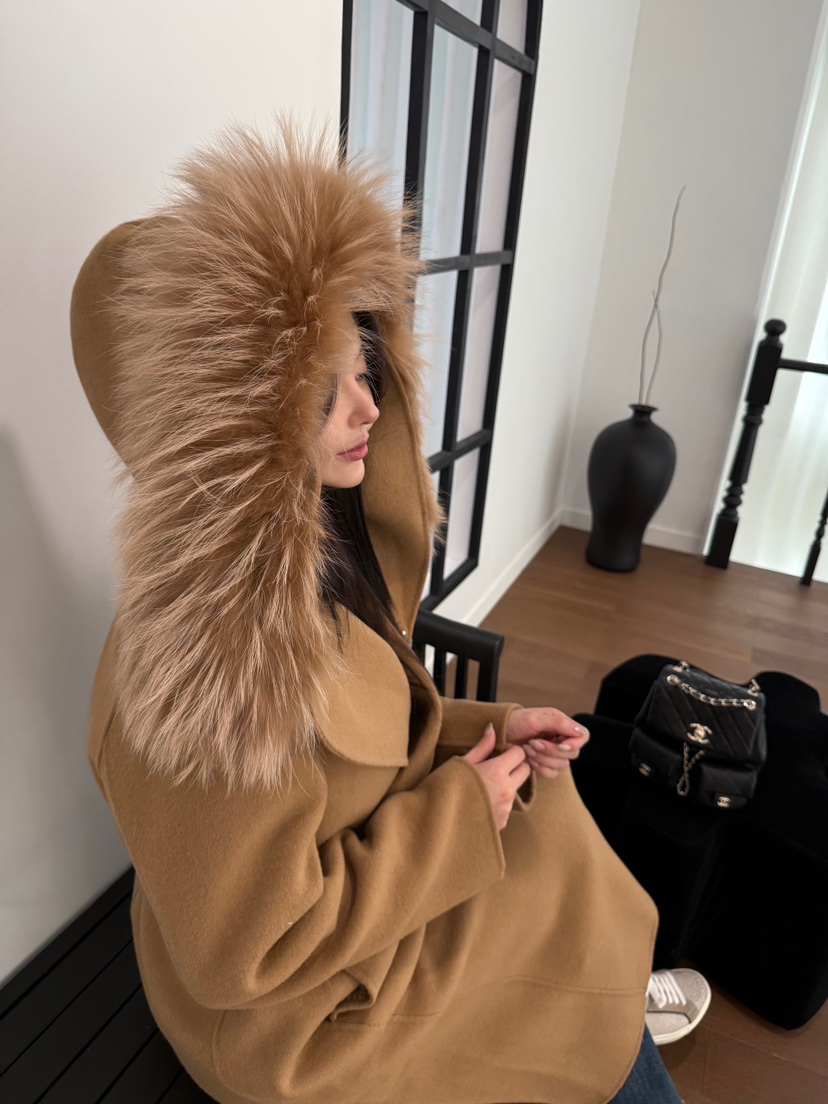 DAZE東大門㊣代購女裝新款人氣中長款大衣手工制作含腰帶浣熊兜帽LAVIEU中長款大衣