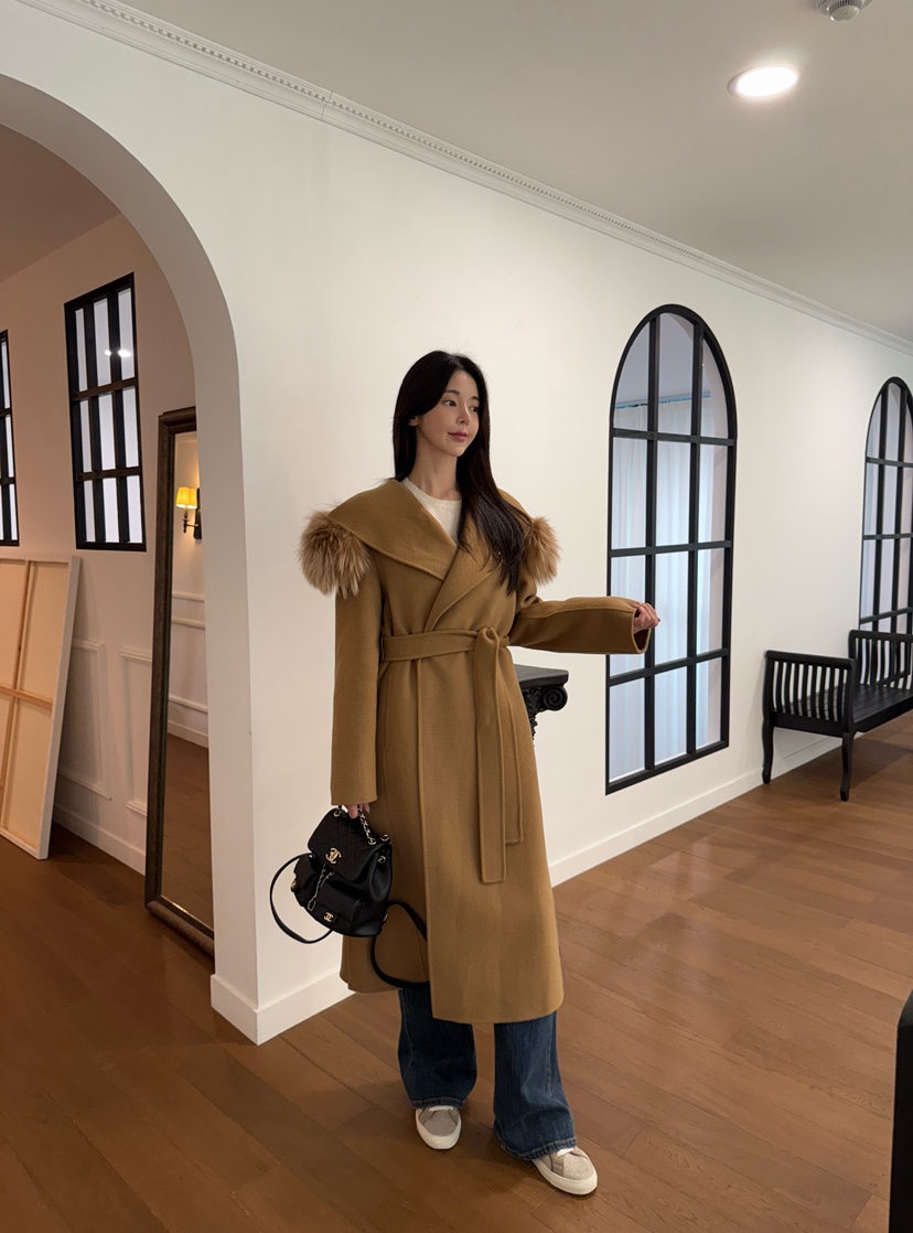 DAZE東大門㊣代購女裝新款人氣中長款大衣手工制作含腰帶浣熊兜帽LAVIEU中長款大衣