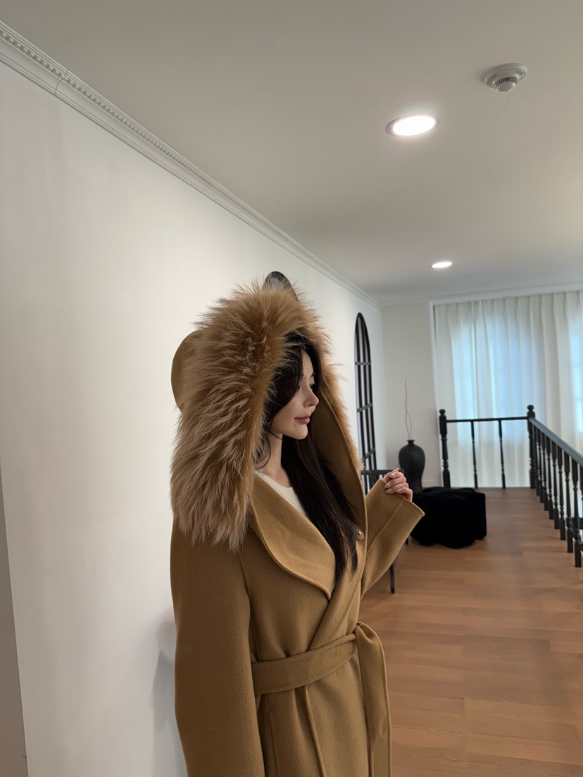 DAZE東大門㊣代購女裝新款人氣中長款大衣手工制作含腰帶浣熊兜帽LAVIEU中長款大衣