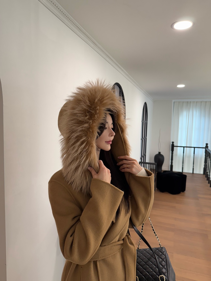 DAZE東大門㊣代購女裝新款人氣中長款大衣手工制作含腰帶浣熊兜帽LAVIEU中長款大衣