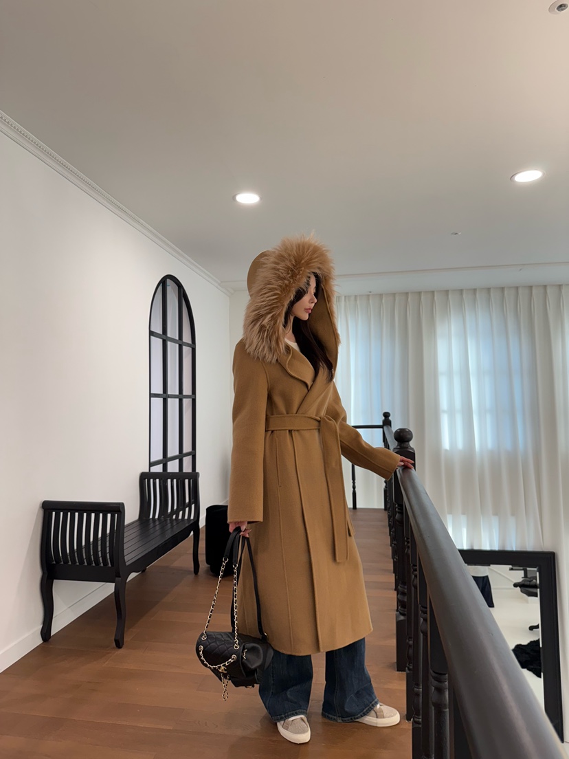 DAZE東大門㊣代購女裝新款人氣中長款大衣手工制作含腰帶浣熊兜帽LAVIEU中長款大衣