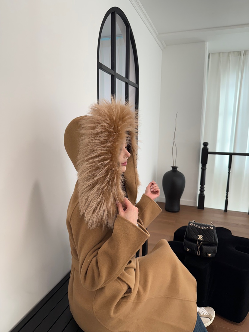 DAZE東大門㊣代購女裝新款人氣中長款大衣手工制作含腰帶浣熊兜帽LAVIEU中長款大衣