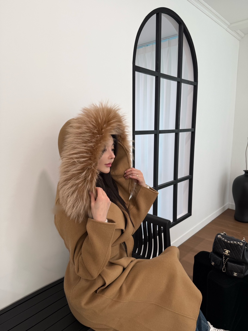 DAZE東大門㊣代購女裝新款人氣中長款大衣手工制作含腰帶浣熊兜帽LAVIEU中長款大衣