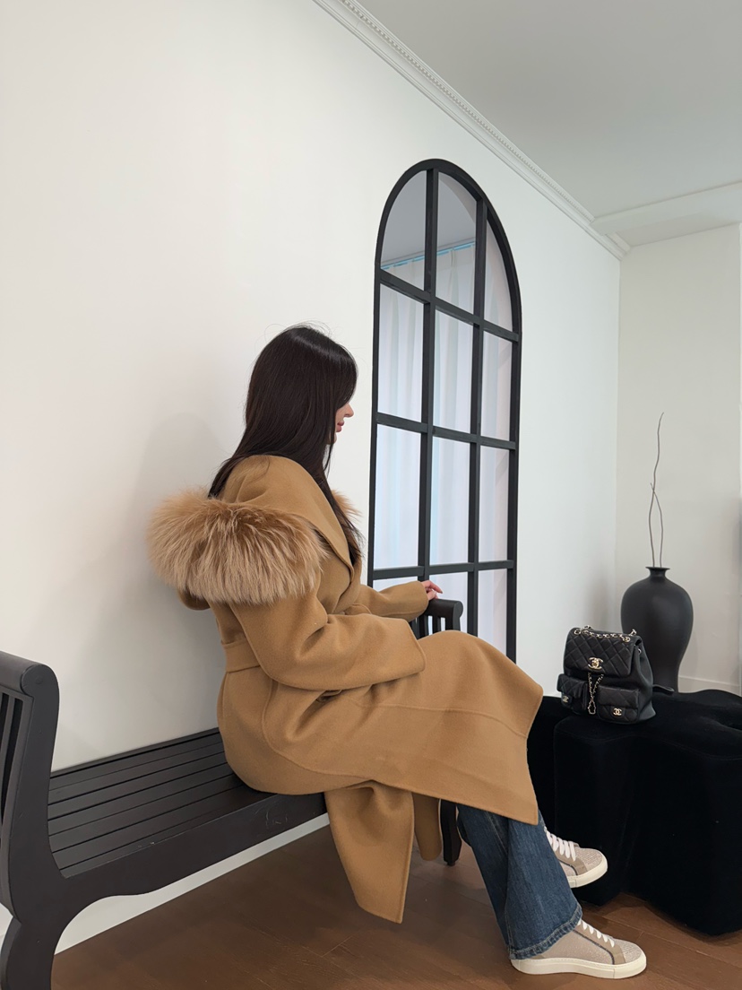 DAZE東大門㊣代購女裝新款人氣中長款大衣手工制作含腰帶浣熊兜帽LAVIEU中長款大衣