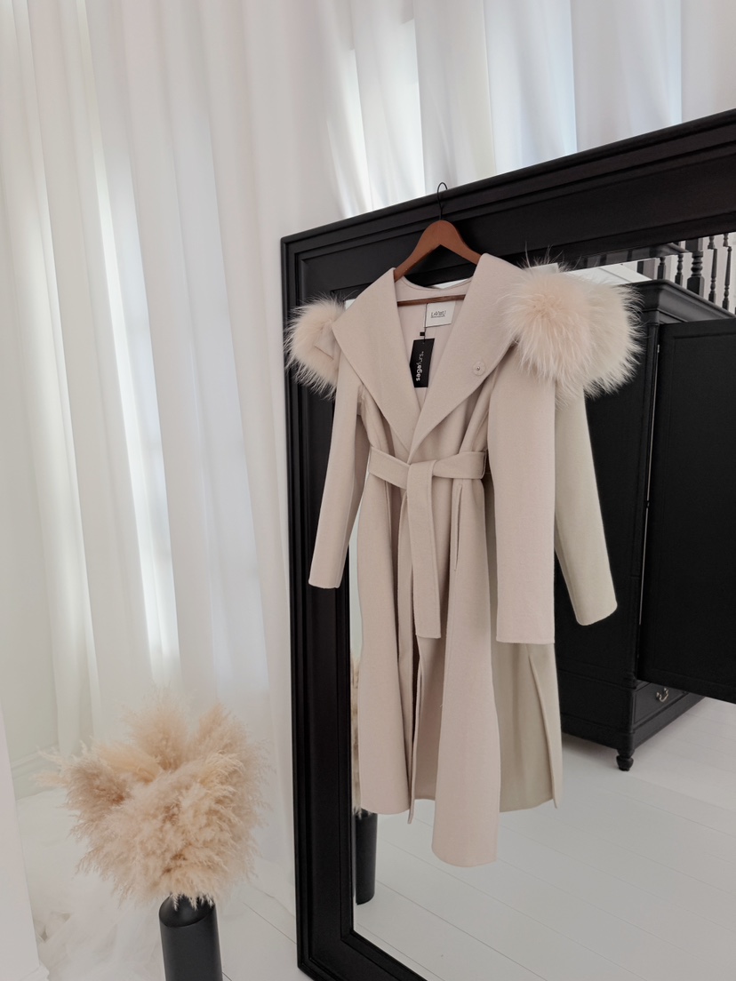 DAZE東大門㊣代購女裝新款人氣中長款大衣手工制作含腰帶浣熊兜帽LAVIEU中長款大衣圖色2