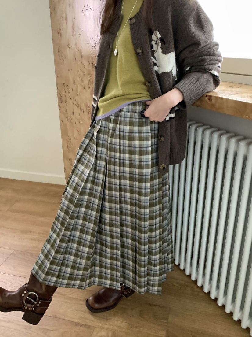 PEBBLE東大門㊣實拍女士新款職業真品25秋冬推薦長裙格紋褶皺PEBBLE/LAYER長裙