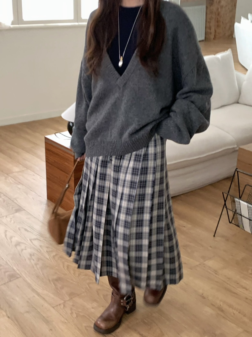 PEBBLE東大門㊣實拍女士新款職業真品25秋冬推薦長裙格紋褶皺PEBBLE/LAYER長裙