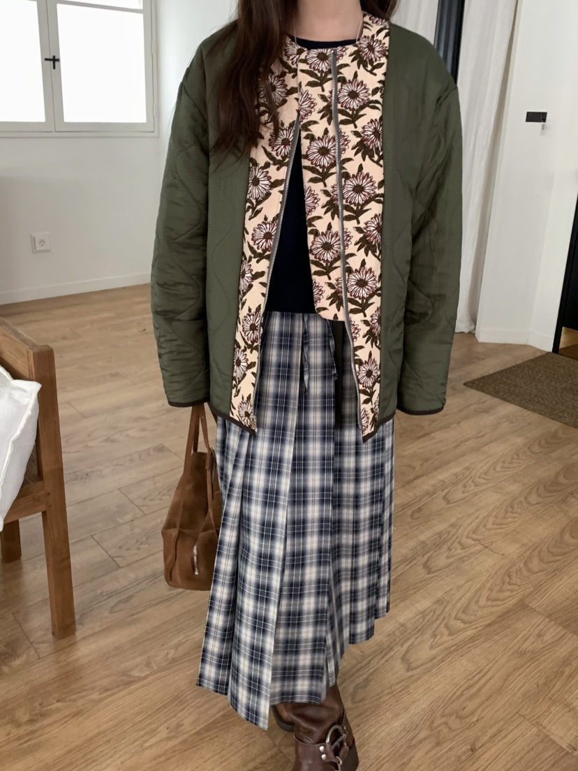 PEBBLE東大門㊣實拍女士新款職業真品25秋冬推薦長裙格紋褶皺PEBBLE/LAYER長裙