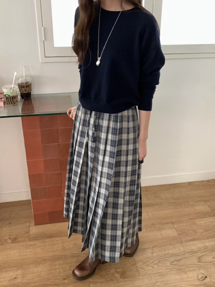 PEBBLE東大門㊣實拍女士新款職業真品25秋冬推薦長裙格紋褶皺PEBBLE/LAYER長裙