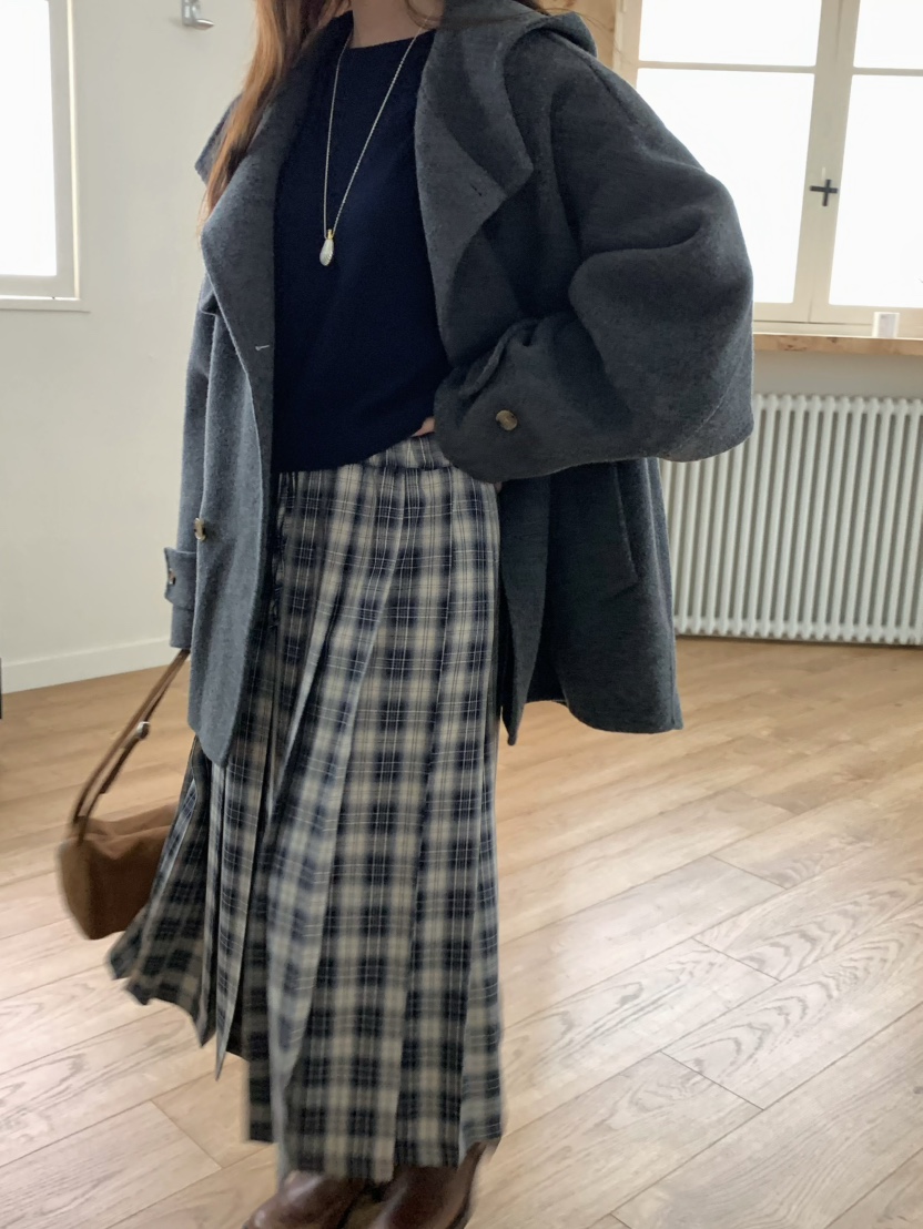 PEBBLE東大門㊣實拍女士新款職業真品25秋冬推薦長裙格紋褶皺PEBBLE/LAYER長裙