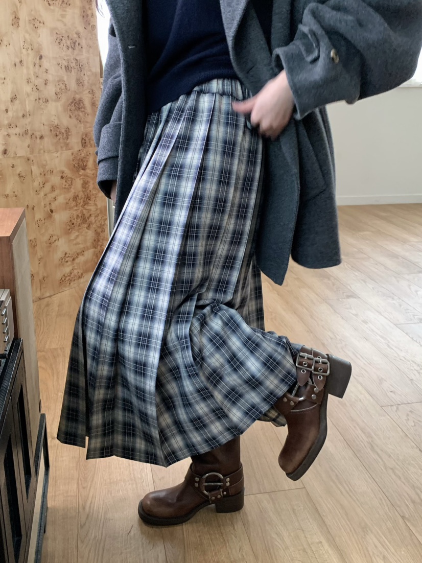 PEBBLE東大門㊣實拍女士新款職業真品25秋冬推薦長裙格紋褶皺PEBBLE/LAYER長裙