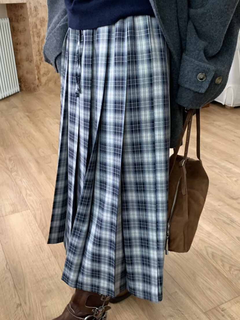 PEBBLE東大門㊣實拍女士新款職業真品25秋冬推薦長裙格紋褶皺PEBBLE/LAYER長裙