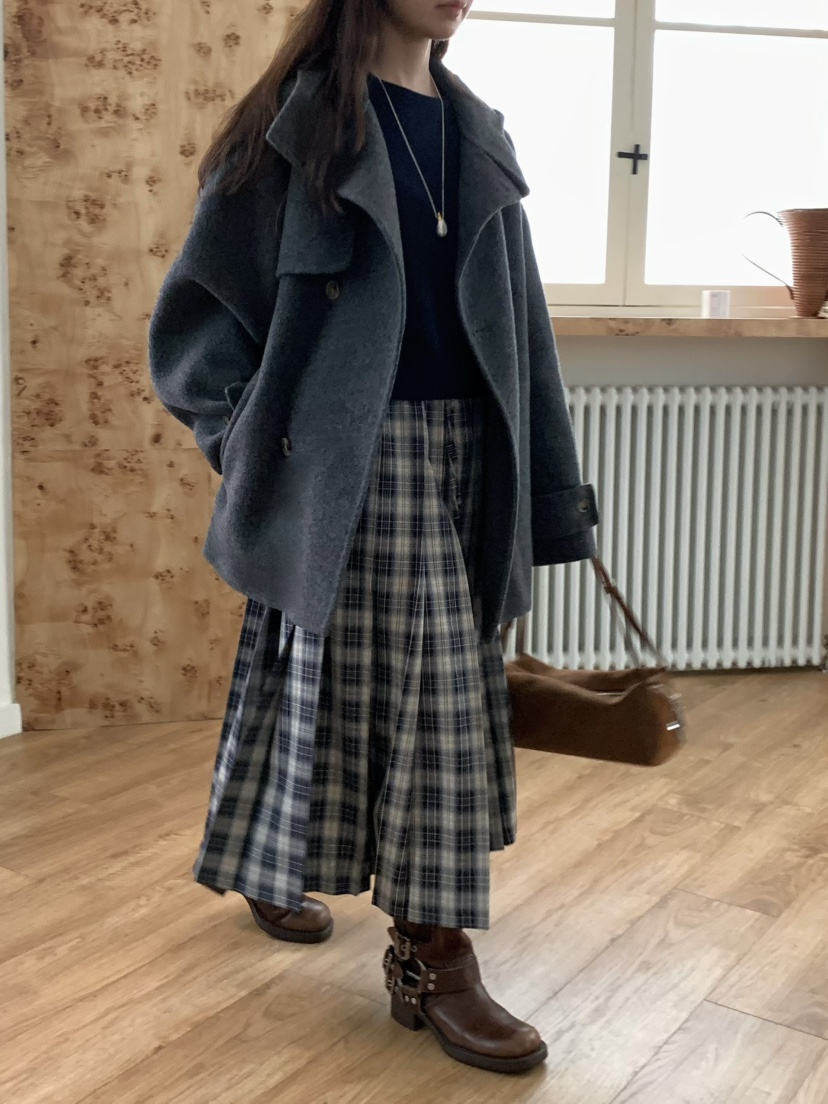 PEBBLE東大門㊣實拍女士新款職業真品25秋冬推薦長裙格紋褶皺PEBBLE/LAYER長裙