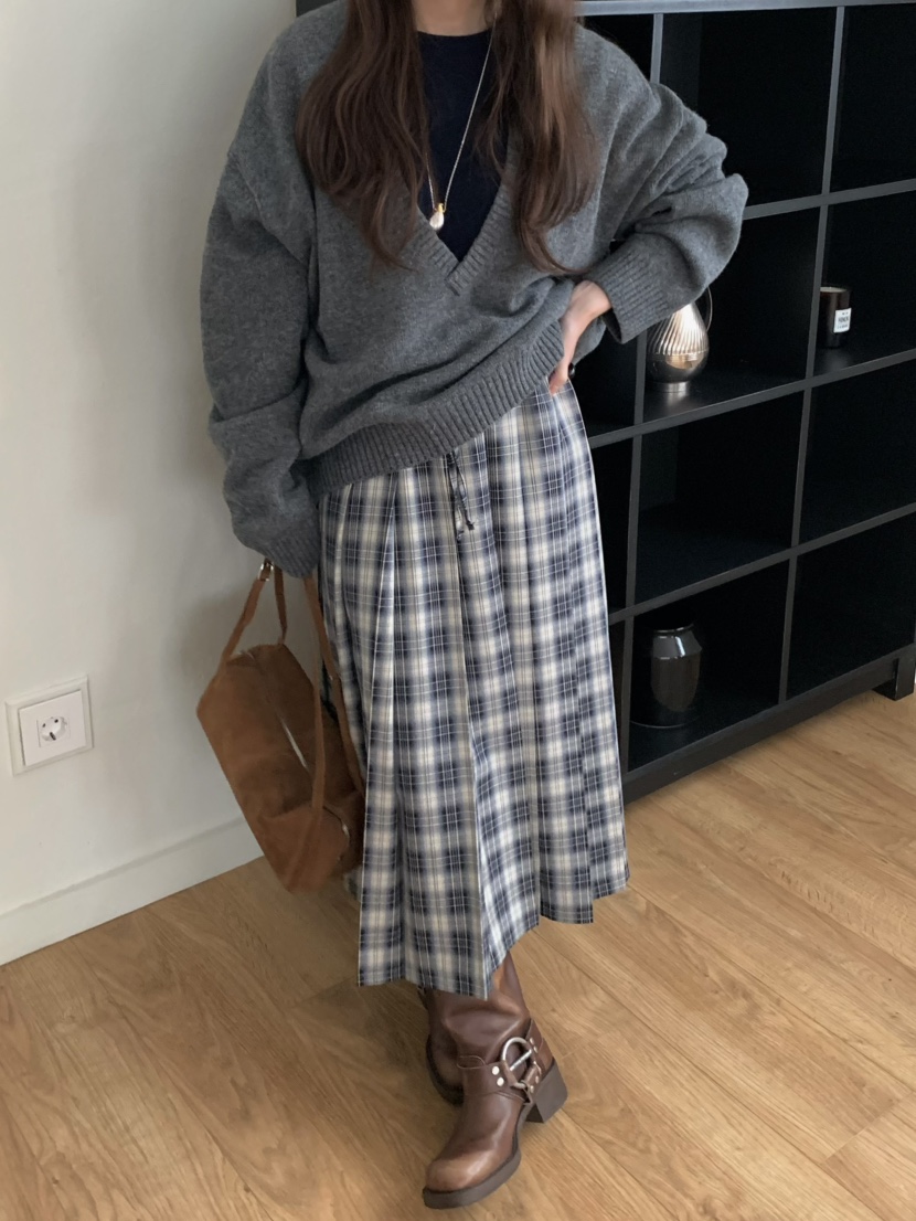 PEBBLE東大門㊣實拍女士新款職業真品25秋冬推薦長裙格紋褶皺PEBBLE/LAYER長裙