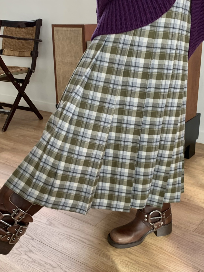 PEBBLE東大門㊣實拍女士新款職業真品25秋冬推薦長裙格紋褶皺PEBBLE/LAYER長裙