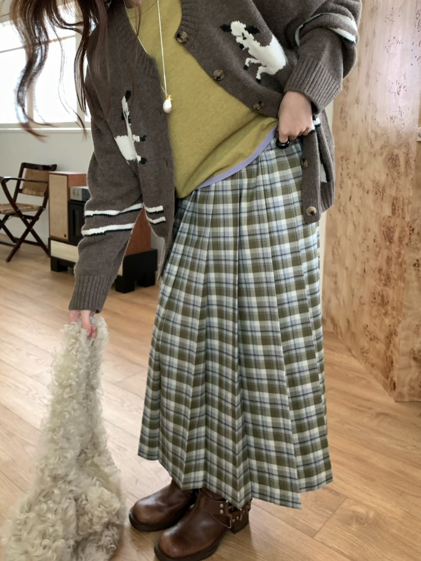 PEBBLE東大門㊣實拍女士新款職業真品25秋冬推薦長裙格紋褶皺PEBBLE/LAYER長裙