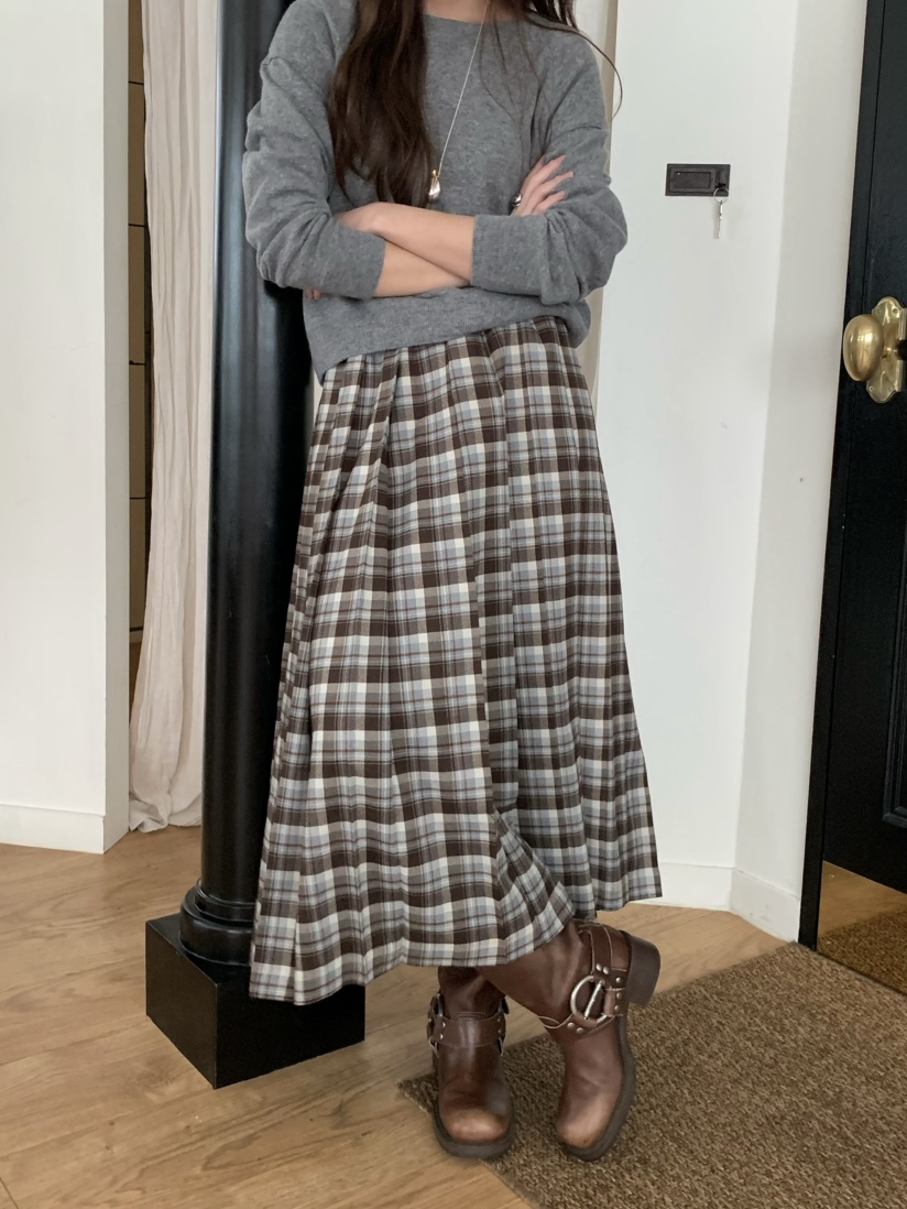 PEBBLE東大門㊣實拍女士新款職業真品25秋冬推薦長裙格紋褶皺PEBBLE/LAYER長裙