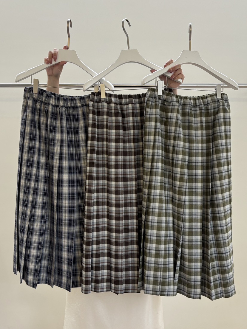 PEBBLE東大門㊣實拍女士新款職業真品25秋冬推薦長裙格紋褶皺PEBBLE/LAYER長裙