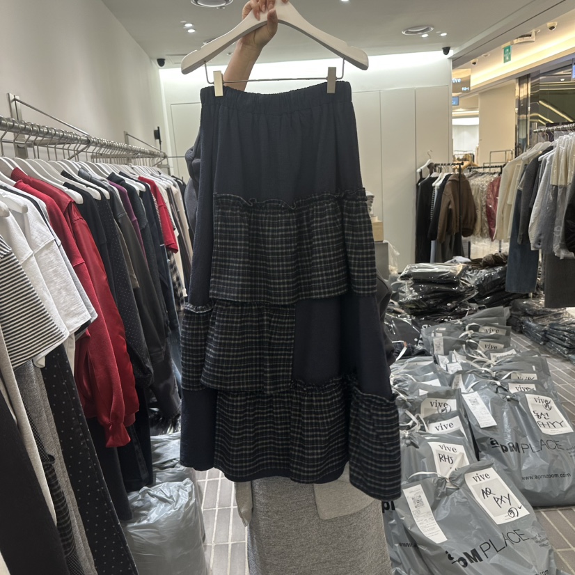 VIVE韓國直郵㊣女士新款職業推薦時尚休閑真品長裙荷葉邊格紋VIVE長裙