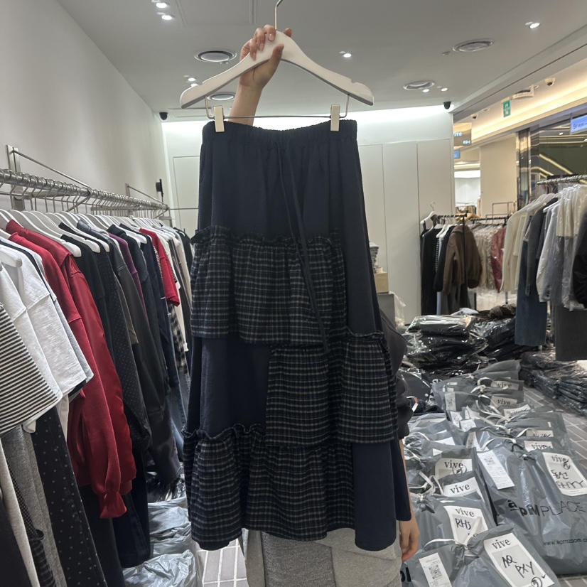 VIVE韓國直郵㊣女士新款職業推薦時尚休閑真品長裙荷葉邊格紋VIVE長裙