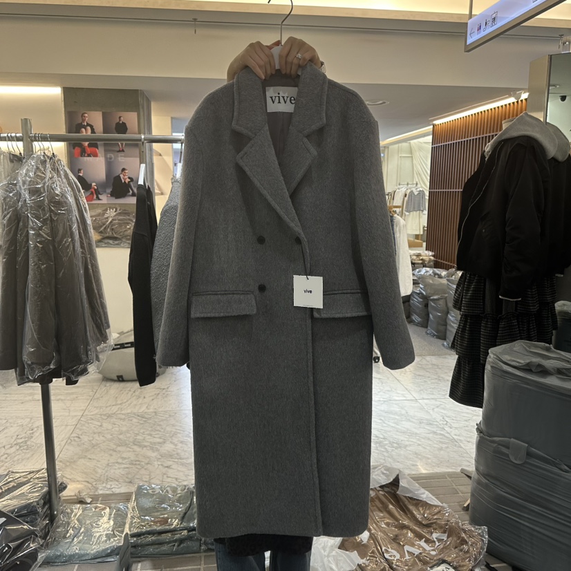 VIVE東大門㊣代購女裝新款時尚熱賣中長款大衣雙排扣羊毛長款VIVE中長款大衣