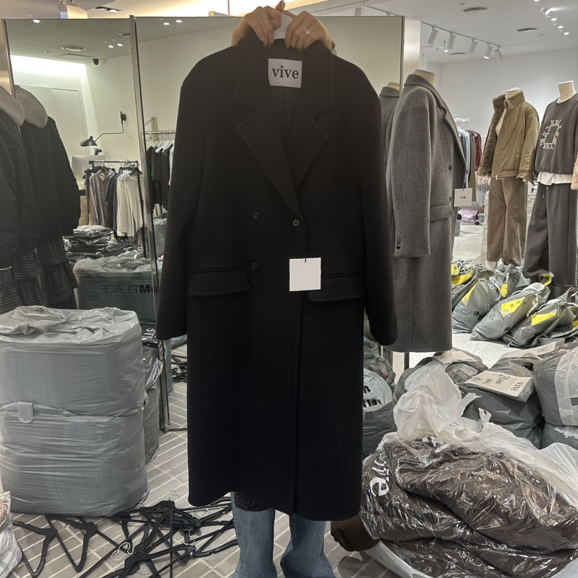 VIVE東大門㊣代購女裝新款時尚熱賣中長款大衣雙排扣羊毛長款VIVE中長款大衣圖色2