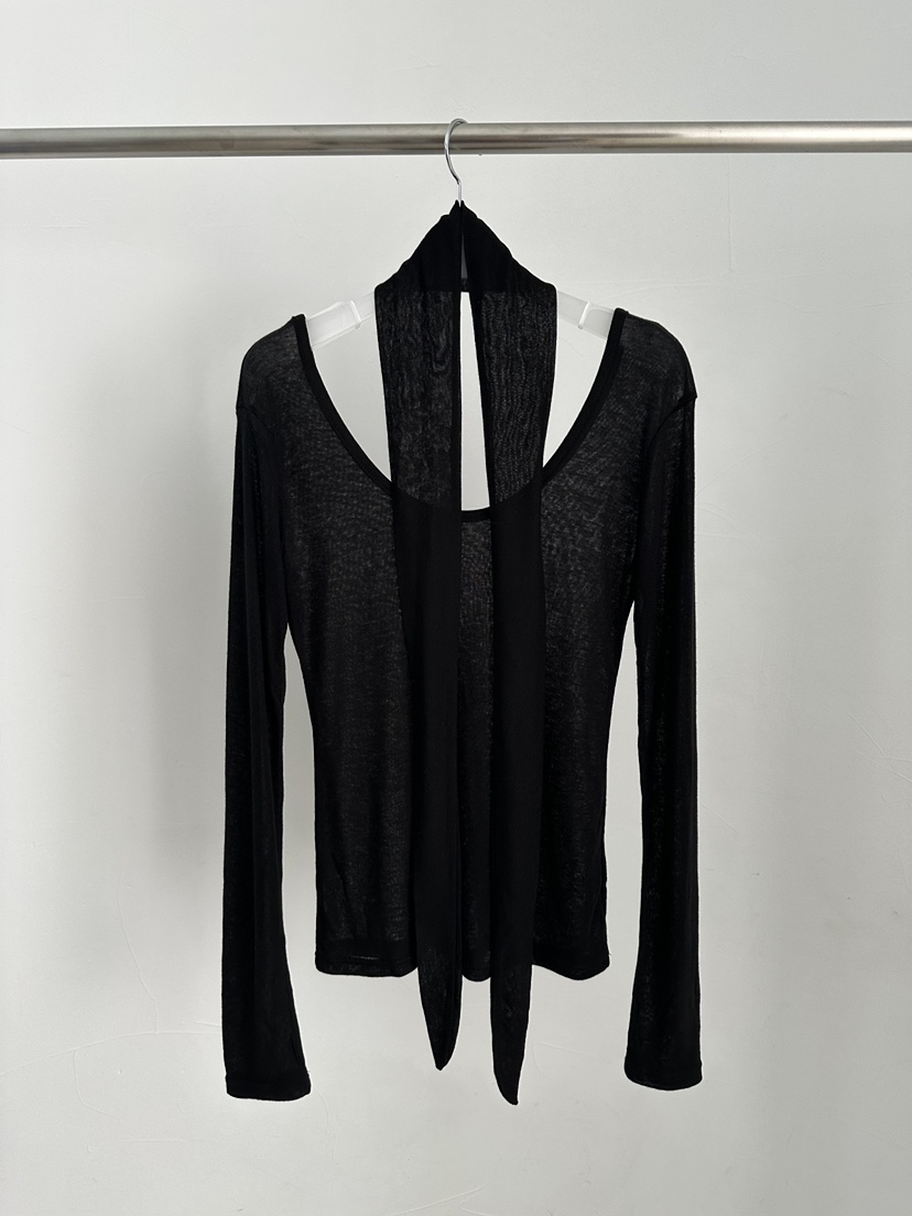 MAINT東大門㊣代購女裝新品時尚熱賣人氣長袖T恤含脖帶天絲MAINT長袖T恤圖色2黑色