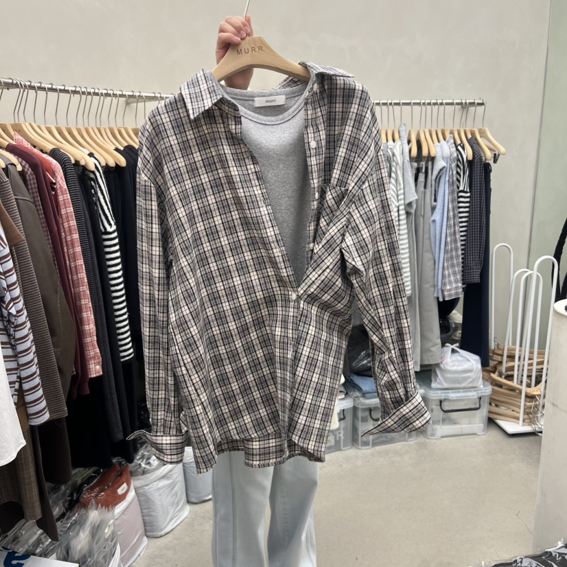 MURR東大門㊣代購女裝新款人氣真品襯衫蕾絲衫不含內搭格紋MURR襯衫/蕾絲衫圖色2