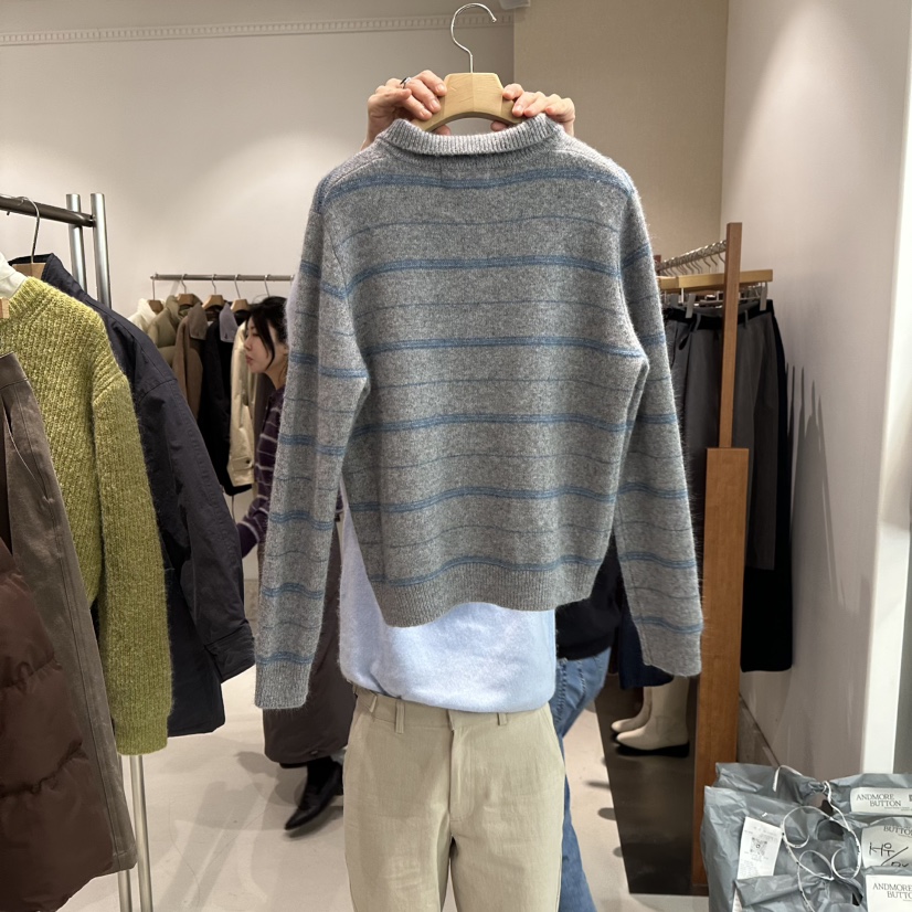 ANDMORE BUTTON韓國代購㊣女裝新品推薦針織衫不含腰帶條紋ANDMORE BUTTON針織衫