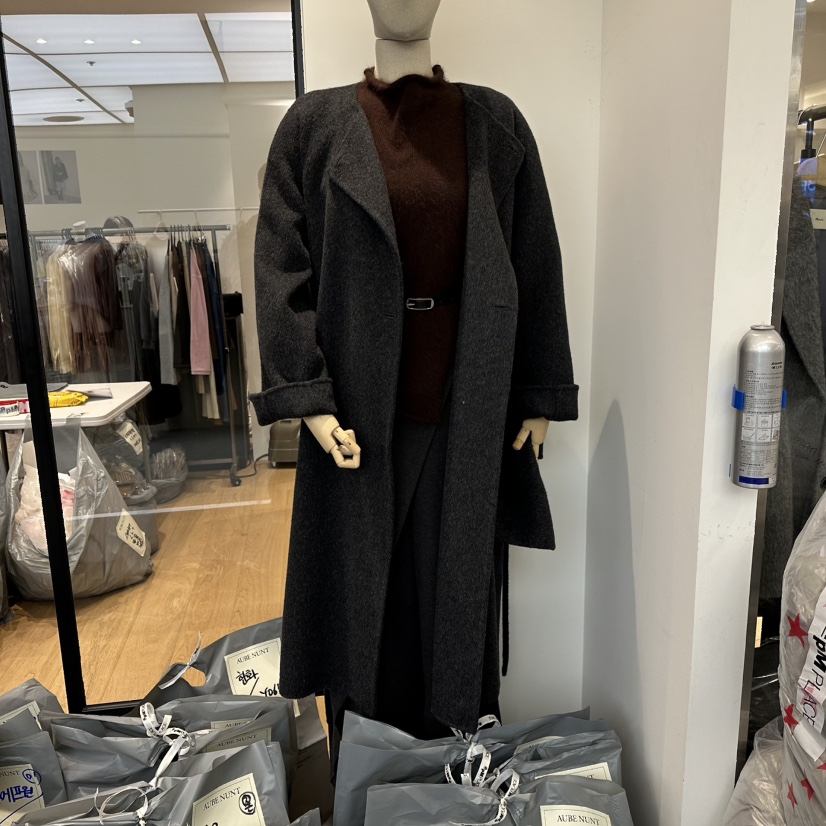 aube nunt韓國代購㊣女裝新品職業熱賣時尚中長款大衣含腰帶aube nunt中長款大衣圖色2