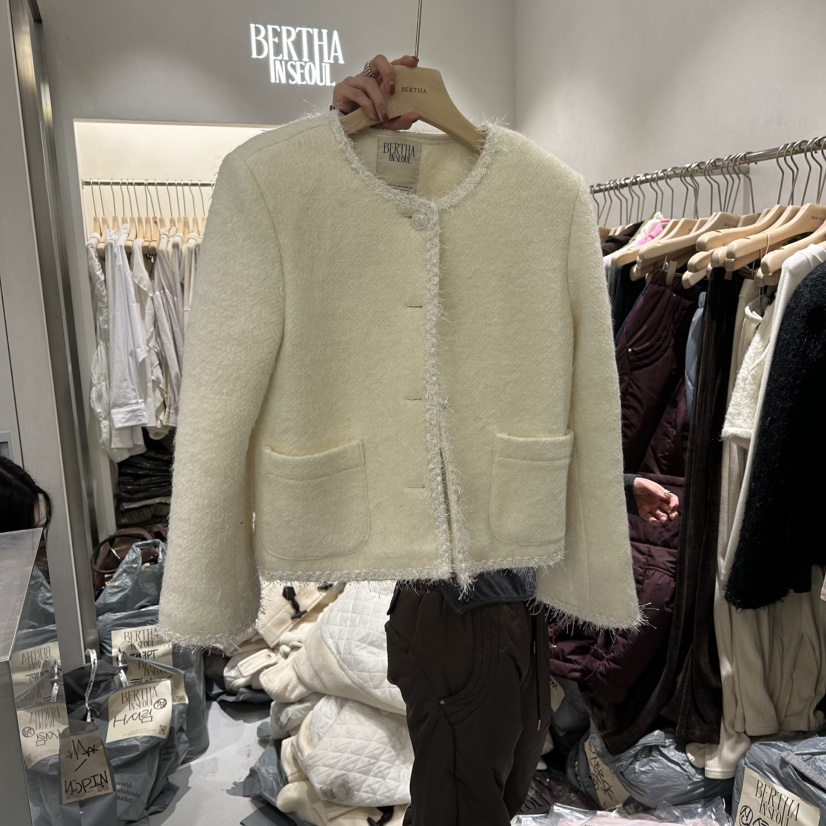 BERTHA東大門㊣代購女士新款推薦真品人氣休閑夾克粗花呢毛皮BERTHA夾克